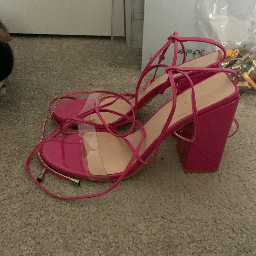 Pretty Little Thing Hot Pink Strappy Chunky Heels with Clear Band Size 10